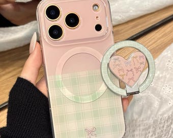 Rosa Grönt Rutigt Rosett Hjärta MagSafe-skal - Vikbart Magnetiskt Stativ - För iPhone 17 16 15 14 13 Pro Max - Mjukt Silikonskal som Stötsäkert