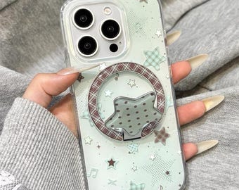iPhone 17 Mintgrönt Rutigt Magnetskal med Prickar - Abstrakta Oljemålningar Stjärnor - Hopfällbart Stativ Design - För iPhone 17 16 15 14 13 Pro Max