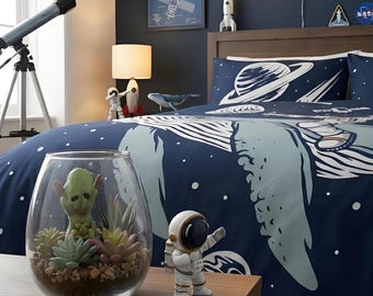 Set copripiumino per bambini con astronauta a cavallo di una balena nello spazio: avventura cosmica.