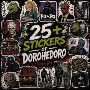 Può includere: Una collezione di oltre 25 adesivi Dorohedoro con vari personaggi, tra cui Caiman, Nikaido e Shin, insieme a immagini iconiche come funghi, una maschera antigas, una pentola e il testo 25+ STICKERS OF DOROHEDORO in bianco e verde.