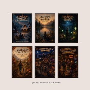 May include: A set of six digital art prints featuring Stardew Valley scenes, including a snowy cabin, a lake at sunset, a forest with glowing spirits, a fall farm landscape, a night market, and the interior of the Star Drop Saloon with text.