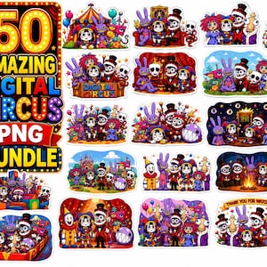 Könnte beinhalten: Eine Sammlung von 50 digitalen Aufklebern mit Zirkus-Cartoonfiguren, darunter ein lila Hase, ein Narr und ein Zirkusdirektor. Der Text 50 AMAZING DIGITAL CIRCUS PNG BUNDLE ist in einem beleuchteten Leuchtreklame-Stil groß dargestellt.