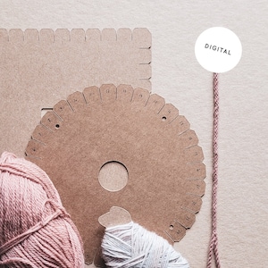 May include: Image of craft supplies including two circular cardboard braiding tools, a rectangular cardboard piece, and two yarn skeins in pink and white. A strand of braided yarn and the word "DIGITAL" are also visible.