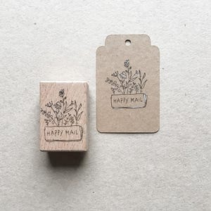 Rubber Stamp "Happy Mail" - 35x30mm - hand drawn animal stamp with wooden base