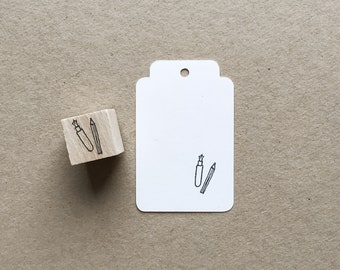 Rubber Stamp "Pen & Pencil" - hand drawn mini stamp with wooden base