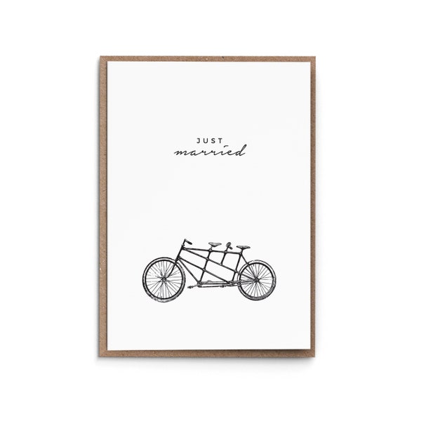 Grußkarte "Just Married" - Hochzeit Verlobung modern frisch Klappkarte Tandem Fahrrad Rad Bike schwarz weiss schlicht