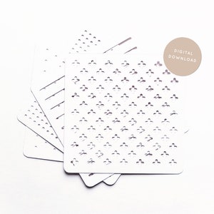 May include: A stack of white stencils with various cut-out patterns, including dots, lines, and a repeating floral design. A circular sticker in the upper right corner reads "DIGITAL DOWNLOAD".