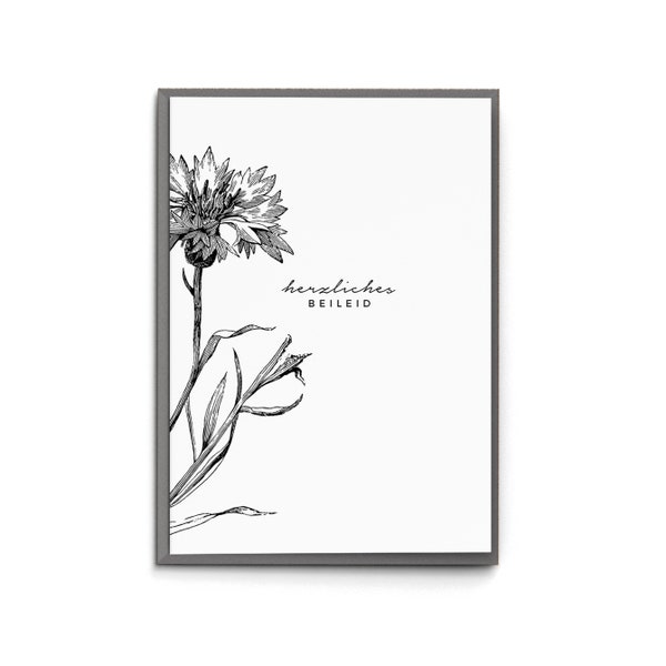 Moderne florale Trauerkarte "Herzliches Beileid" - schwarzweiss Trauer Verlust Tod Grußkarte schlicht Beerdigung Beisetzung Blume Nelke