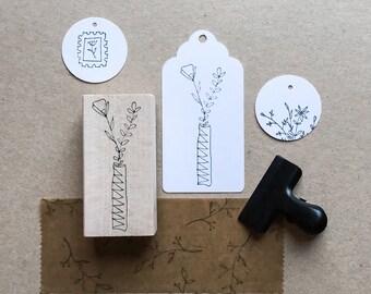 Rubber Stamp "Flower Vase" - 24x65mm - hand drawn floral stamp with wooden base