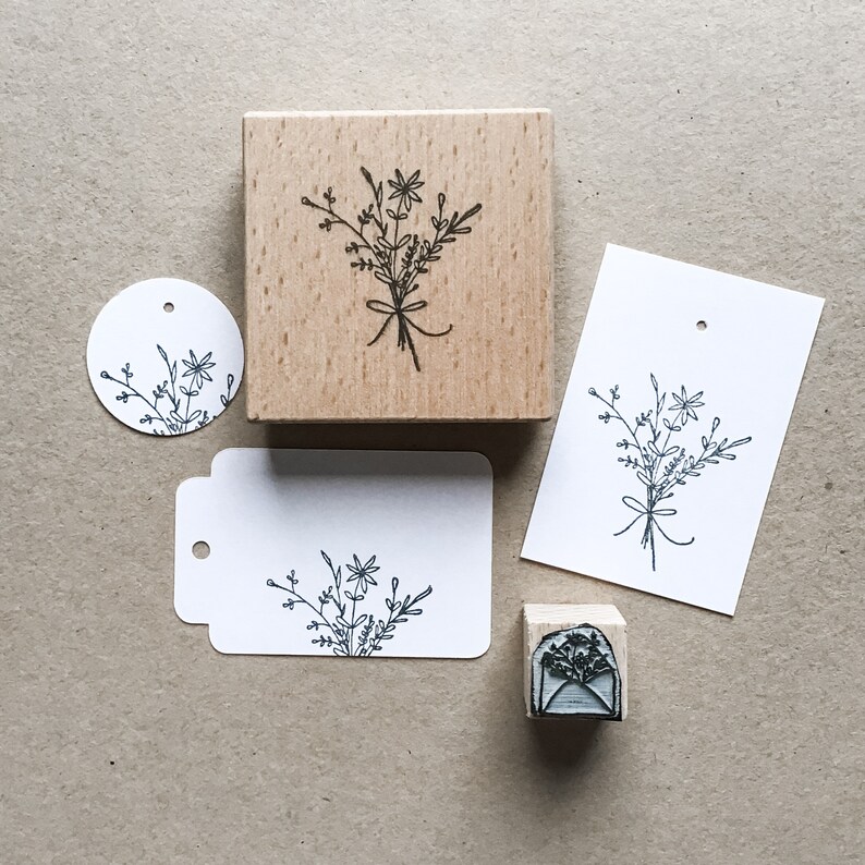 Rubber Stamp Flower Bouquet 37x43mm hand drawn stamp with wooden base image 1