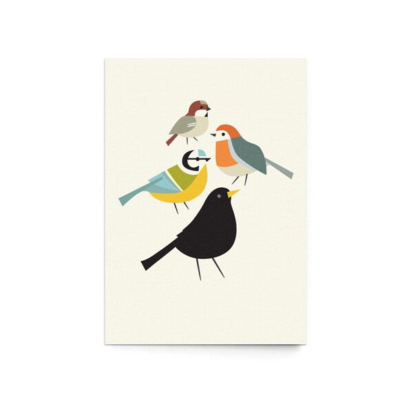 Postkarte "Birdies" (3er Set) - Illustration Amsel Rotkehlchen Blaumeise Spatz