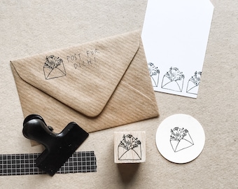 Rubber Stamp "Flower Letter" - hand drawn mini stamp with wooden base