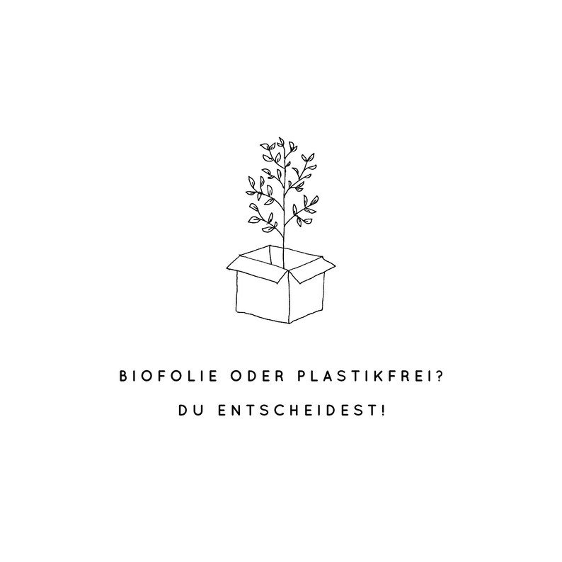 Puede incluir: Un dibujo en blanco y negro de una planta que crece fuera de una caja. El texto debajo de la imagen dice "Biofolie oder Plastikfrei? Du entscheidest!"