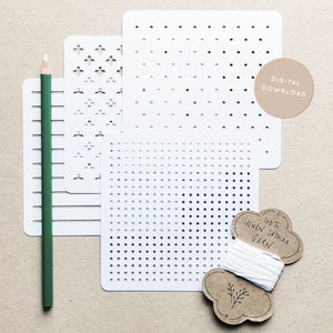 May include: A collection of white stencils with various dot and line patterns, a green pencil, and a spool of white thread labeled "100% Linen Sashiko Garn." A tan circle with "DIGITAL DOWNLOAD" text is also present.