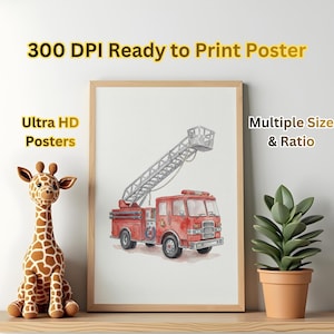 Red Fire Truck Watercolor Print, Boys Nursery Wall Art (Digital Download)