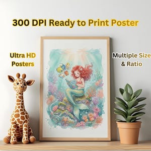May include: A framed watercolor print of a mermaid reading a book titled "Ocean Tales" surrounded by colorful coral and fish. The print is labeled "300 DPI Ready to Print Poster" and "Ultra HD Posters". A stuffed giraffe and potted plant are also in the image.