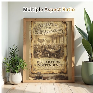 May include: A framed commemorative poster celebrating the 250th anniversary of the Declaration of Independence. The poster features an illustration of the signing, with text that reads "Celebrating the 250th Anniversary" and "Declaration of Independence."