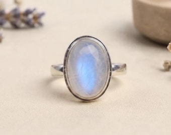 Regenboogmaansteen sterling zilveren ring, boho grote edelsteen geboortesteen sieraden