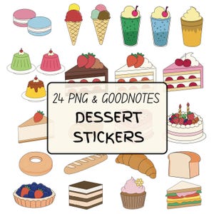 Könnte beinhalten: Eine Sammlung von 24 Dessert-Stickern, darunter Eis, Kuchen und Gebäck. Die Sticker sind farbenfroh und enthalten den Text "24 PNG & Goodnotes Dessert Stickers."