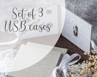 Set of 3 single USB cases light grey usb packaging for photographer linen USB cover - paper inside is with birds and other ornamets