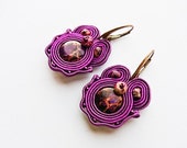 Purple dangle soutache earrings handmade earrings with imperial jasper, seed beads Bead embroidered soutage jewelry brass earwires FREE SHIP