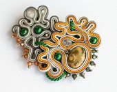 Colourful ooak soutache brooch - orange brooch - green brooch - soutache jewelry - handmade brooch - grey pin - embroidery pin