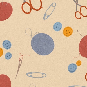 Seamless Pattern Craft Sewing Hand Drawn Scissors Buttons Textile Design Fabric Print Cozy  Digital Download PNG JPG commercial use
