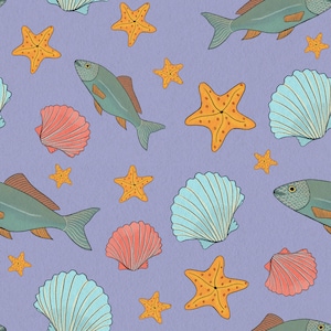 May include: A repeating pattern on a light purple background featuring illustrations of green fish with orange fins, bright orange starfish, and scalloped seashells in shades of light blue and soft pink, arranged in a scattered, non-directional layout.