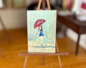 Red Umbrella Miniature Painting Dollhouse Contemporary Art | Dolls House Painting