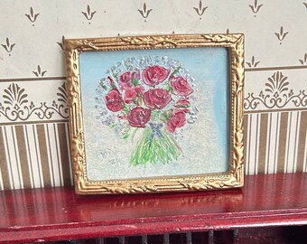 Dollhouse Flowers.  Miniature original dolls house painting.  Red rose bouquet  1:12th scale