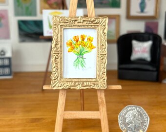 Spring Flowers Dollhouse Miniature Picture. original art in a gold effect frame