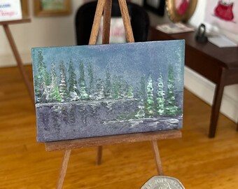 Dollhouse Painting, Misty lake  winter landscape original Art for your dolls house miniature property