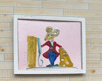 Cheese  Mouse Miniature Painting Original Art for Dolls House or miniature art collection