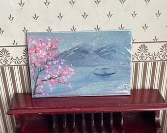 Miniature Japanese Fishing cherry blossom  landscape Painting,  Original Miniature Dollhouse Art