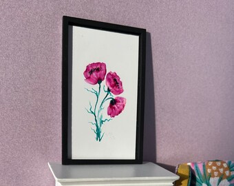 Dollhouse Pink Poppy Painting  miniature original painting in a handmade wooden frame