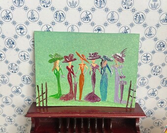 Dollhouse miniature original painting.  Lady’s  race day fashion art by Hazel Rayfield. art In Wax Miniatures