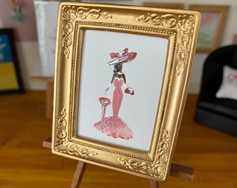 Dollhouse Lady fashion miniature painting.  The lady in Rose Pink.
