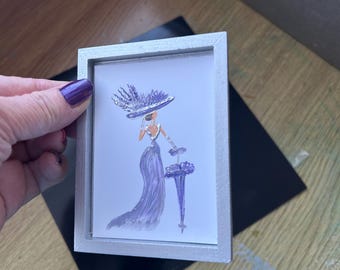 Original Miniature Painting: Lady in Lavender Encaustic Art, Silver Frame