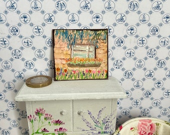 Dollhouse cat in the garden with a window box miniature painting