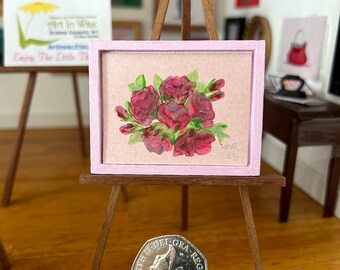 Dolls house shabby chic roses, 1 12th scale miniature  modern miniature  original art in a handmade  frame