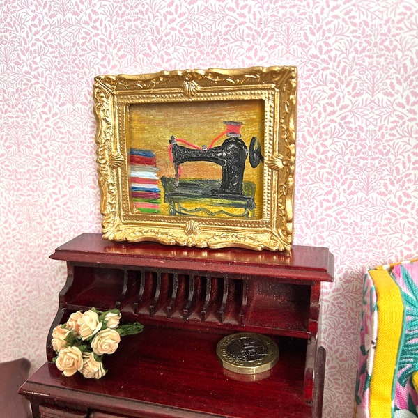 Dollhouse frame  vintage sewing machine Dolls House Painting original Art