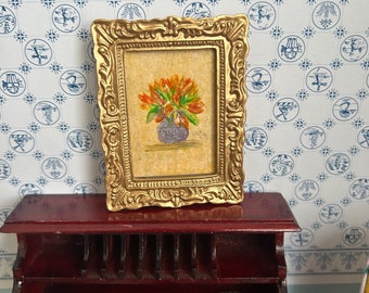 Spring Flowers Dollhouse Miniature Picture. original art in a gold effect frame