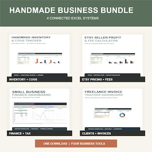 May include: A digital business bundle featuring four connected Excel systems: Handmade Inventory & COGS Tracker, Etsy Seller Profit & Fee Calculator, Small Business Finance Dashboard, and Freelance Invoice Tracker Dashboard, all displayed with charts.