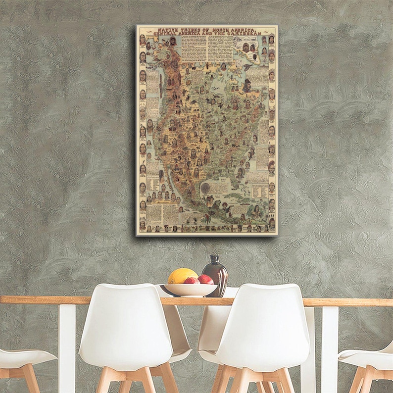 Vintage Native Tribes Map Canvas Print: North America, Central America ...