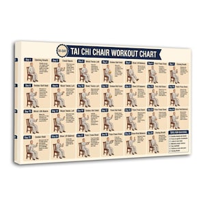 Può includere: Un grafico di allenamento Tai Chi Chair di 30 giorni su tela. Il grafico presenta illustrazioni di esercizi eseguiti da seduti. Il titolo è in uno striscione blu scuro. Il grafico è beige con testo e illustrazioni neri.