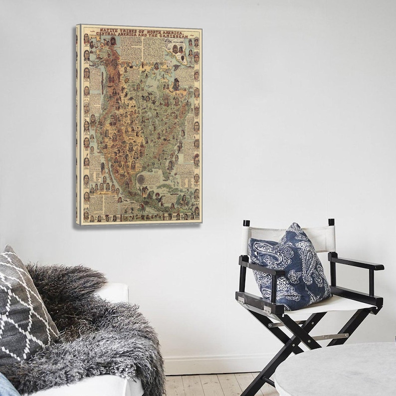 Vintage Native Tribes Map Canvas Print: North America, Central America ...