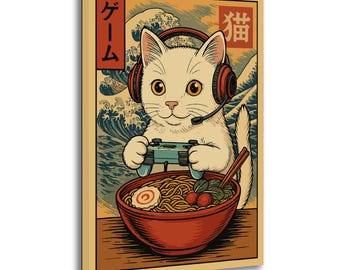 Può includere: Una stampa artistica rettangolare raffigurante un gatto bianco con cuffie da gioco rosse che tiene in mano un controller blu. Il gatto è posizionato sopra una ciotola rossa di ramen. Lo sfondo mostra un'onda blu stilizzata con testo giapponese.