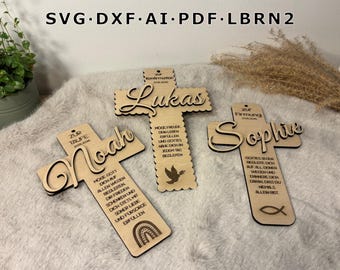 SVG laser file cross for baptism, confirmation, communion, christening / Personalized wooden cross / Baptismal cross with name / Church gift