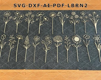 20 Wildflower SVG Bundle / Laser Cut Files Glowforge Silhouette Cricut / Vector Wildflower Bouquet / Flower Outline Line Art Leaf