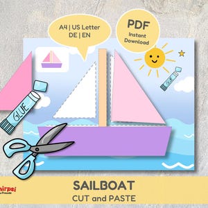 Segelboot Bastelvorlage | Schneiden Kleben Ausmalen | Einfache Formen Segelschiff Bastelanleitung, Kita Kindergarten PDF zum Ausdrucken
